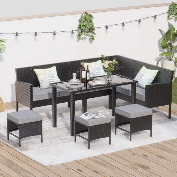 7 Pieces Patio Furniture Set, All-Weather Rattan Sectional Sofa Set with Pillows, Outdoor Conversation Sets for Garden, Backyard, Balcony, Gray