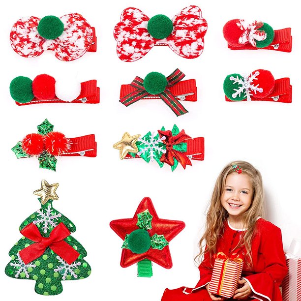 10 pinzas para el pelo navideñas para niñas, bonitos accesorios para el pelo, pinzas para el pelo navideñas, pequeñas pinzas para el pelo, lazos para el pelo, pinzas para el pelo para bebés, niños,