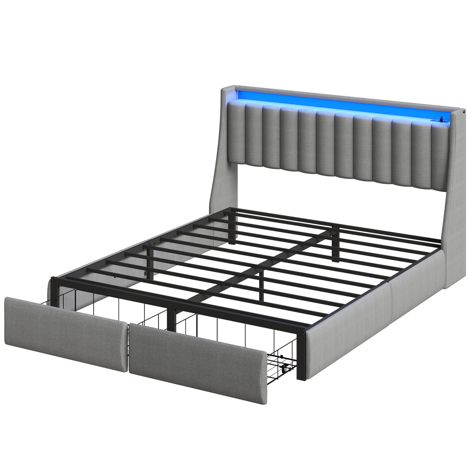 HOQBN Queen Size Bed Frame with RGB LED Lights & Charging Station, Upholstered Platform Bed with 2 Underbed Drawers & Storage Headboard, No Box Spring Required