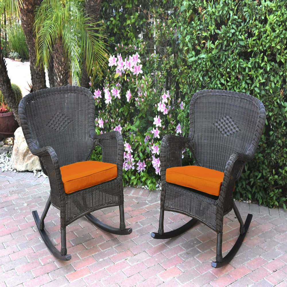 Set of 2 Windsor Espresso Resin Wicker Rocker Chair - Orange Cushions ...