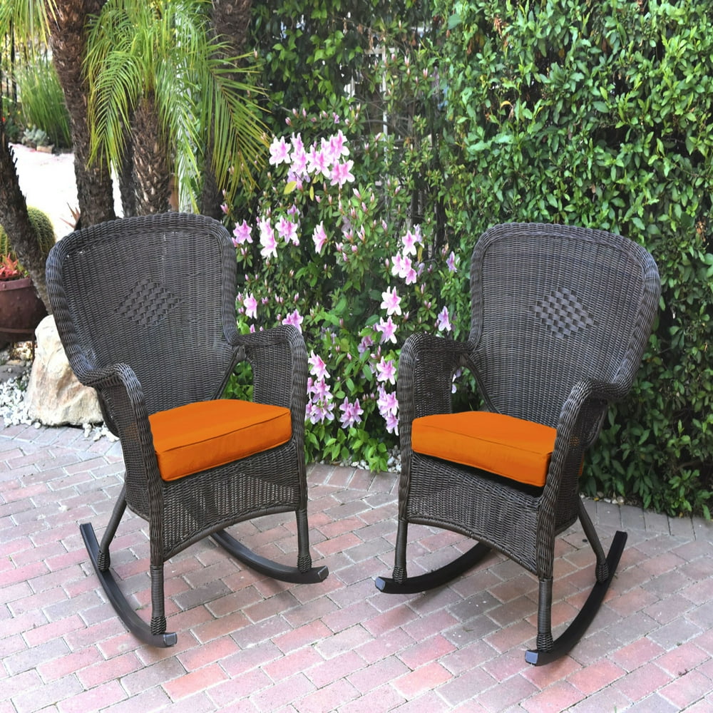 Set of 2 Windsor Espresso Resin Wicker Rocker Chair - Orange Cushions