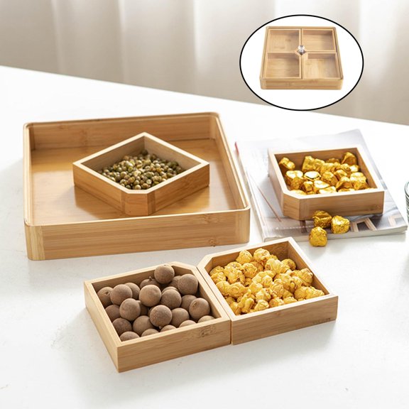 Bamboo Dried , Snack Storage Container Sectional Tray with Lid, 4 Compartments Party Serving Platter for Candy/nut/Sweets Containers 28x28x5cm