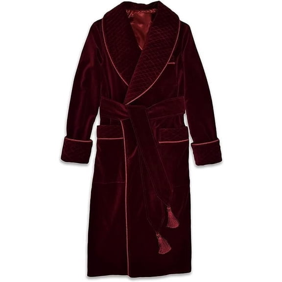 Men's Long Maroon Smoking Jacket Velvet Dressing Gown Coat Robes Quilted Evening Robes Coat