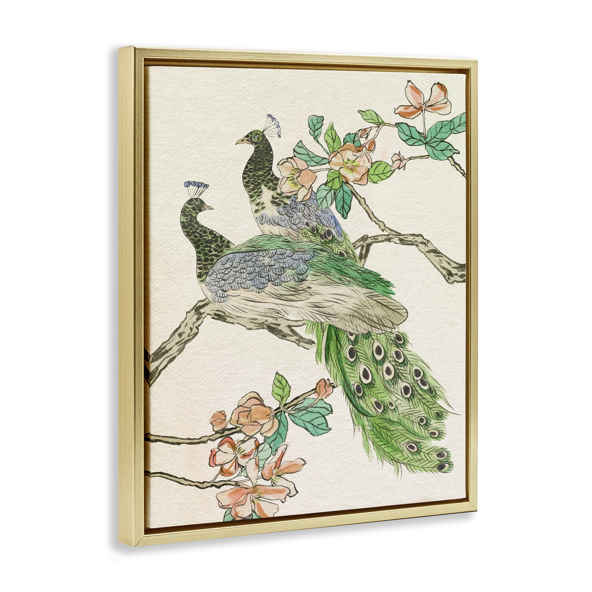 Stupell Industries Peacock Perched on Branch Animals & Insects Painting Gold Floater Framed Canvas Art Print Wall Art, 25 x 31