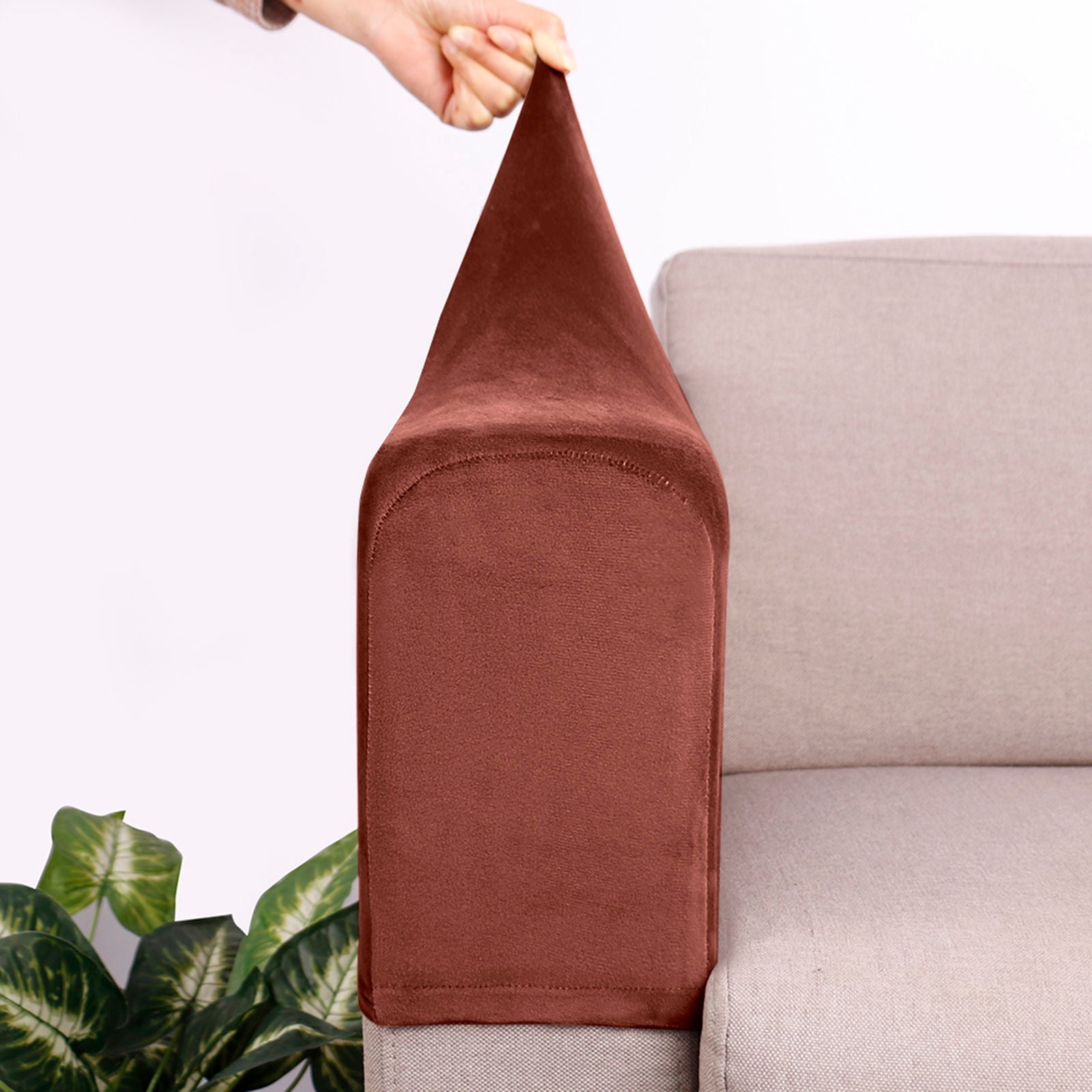 Velvet Couch Arm Cover, Stretch Armrest Covers Washable Armchair Slipcover for Recliner Sofa Soft Furniture Protector for Living Room-brown-2 pcs