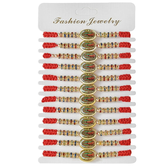 12 PCS Colorful Virgin Mary Bracelet Oval Virgen de Guadalupe Charm Handmade Red String Bracelet Rosary Protection Bracelets Gift for Women Men Family