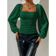 thumbnail image 3 of Women'S Square Neck Long Sleeve Crop Tops Puff Sleeve Ruched Blouse Green S, 3 of 8