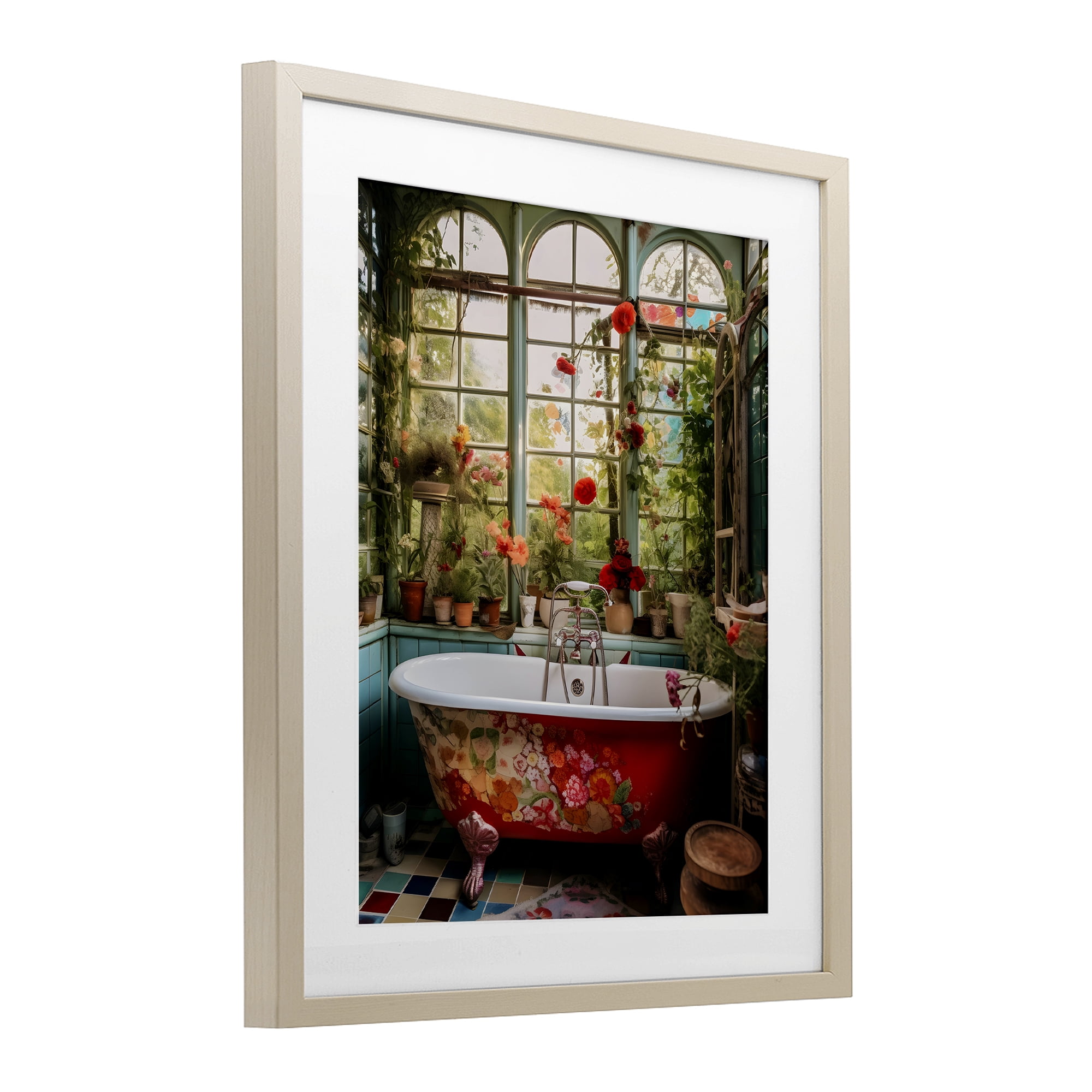 Floral Sunroom Tub Birch Framed Print Under Glass, design by Lettered and Lined