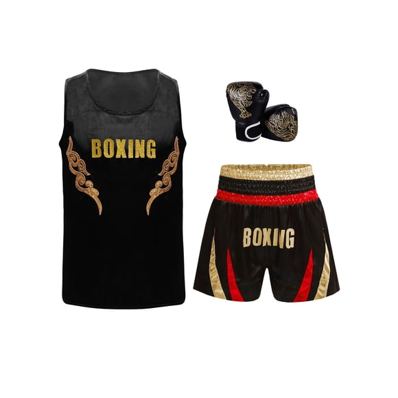 Jhaoyu Kids Boxing Outfit Mma Kickboxing Costume Shiny Letter Printed Sleeveless Tank Top Shorts Gloves Set Red&Gold 16