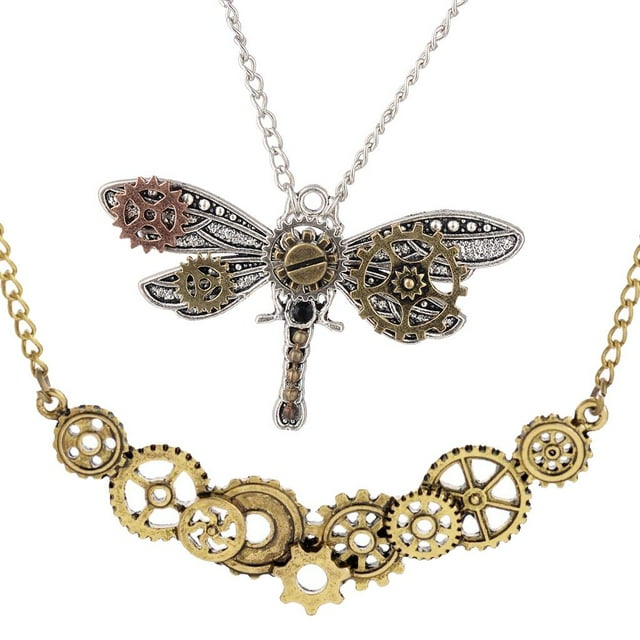 2 Unids Vintage Steampunk Dragonfly Lot Gears Colgante Gótico Cadena Mecánica para Mujeres Hombres Yinane Steampunk engranajes collar
