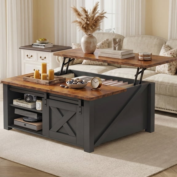 EDX Modern Lift Top Coffee Table with Hidden Storage & Adjustable Shelves, Square Farmhouse Center Table for Living Room, Black