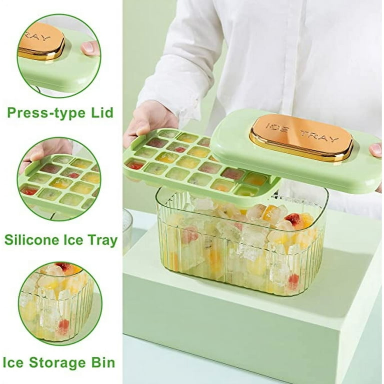 BPA Free One Key Release Ice Cube Silicone Tray with Lid Bin and Scooper  Ice Cube Mold for Freezer with Container Storage