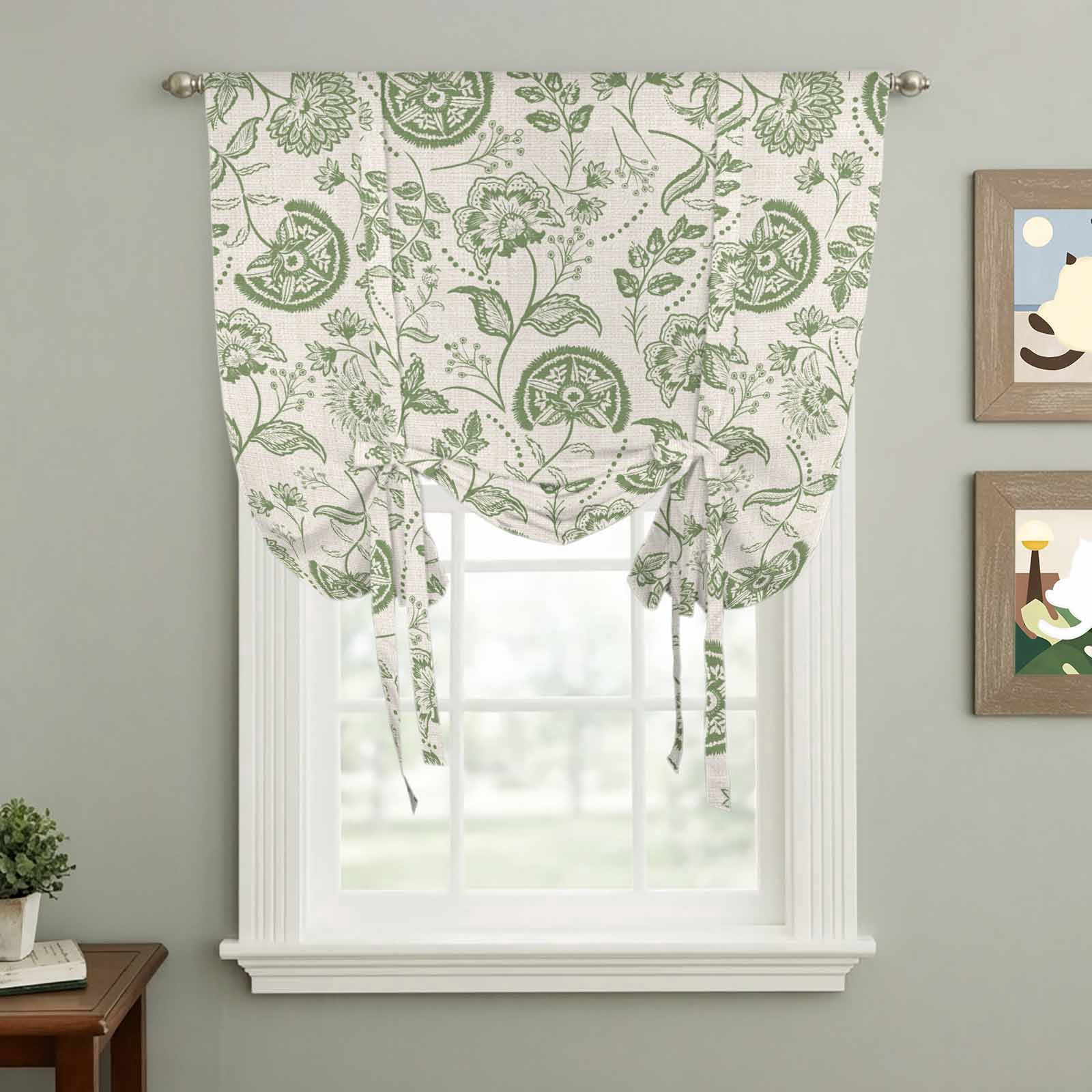 Farmhouse Sage Green Floral Tie Up Curtains, Linen Boho Flower Rustic Country Adjustable Rod Pocket Balloon Curtains Light Blocking Window Treatment for Kitchen Living Room Bedroom, 34 × 45 In