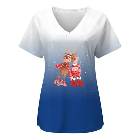 

Yyeselk Women s Cute Funny Printed Scrubs Tops V-Neck Short Sleeve Workwear Working Uniform Nursing Shirts with Pockets Casual Blouses Pullover Shirts T-Shirts Tshirts Tee Shirt Blue S