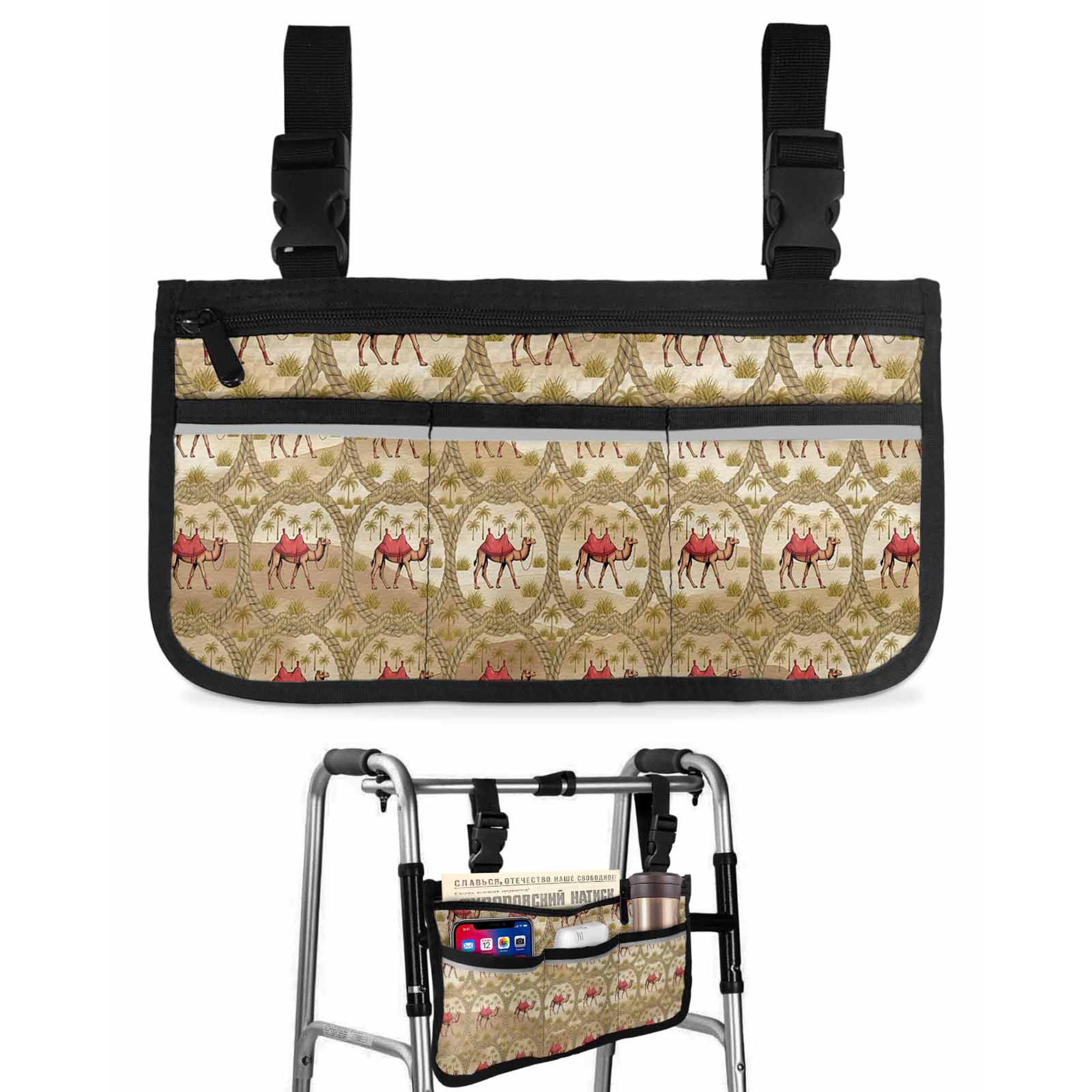 Deserts Camels Wheelchair Side Bag with Cup Holder, Date Coconut Trees Ropes Grassroots Vintage Wheelchair Armrest Bag Storage Pouch Adults, Seniors for Walkers, Rollator, Scooter