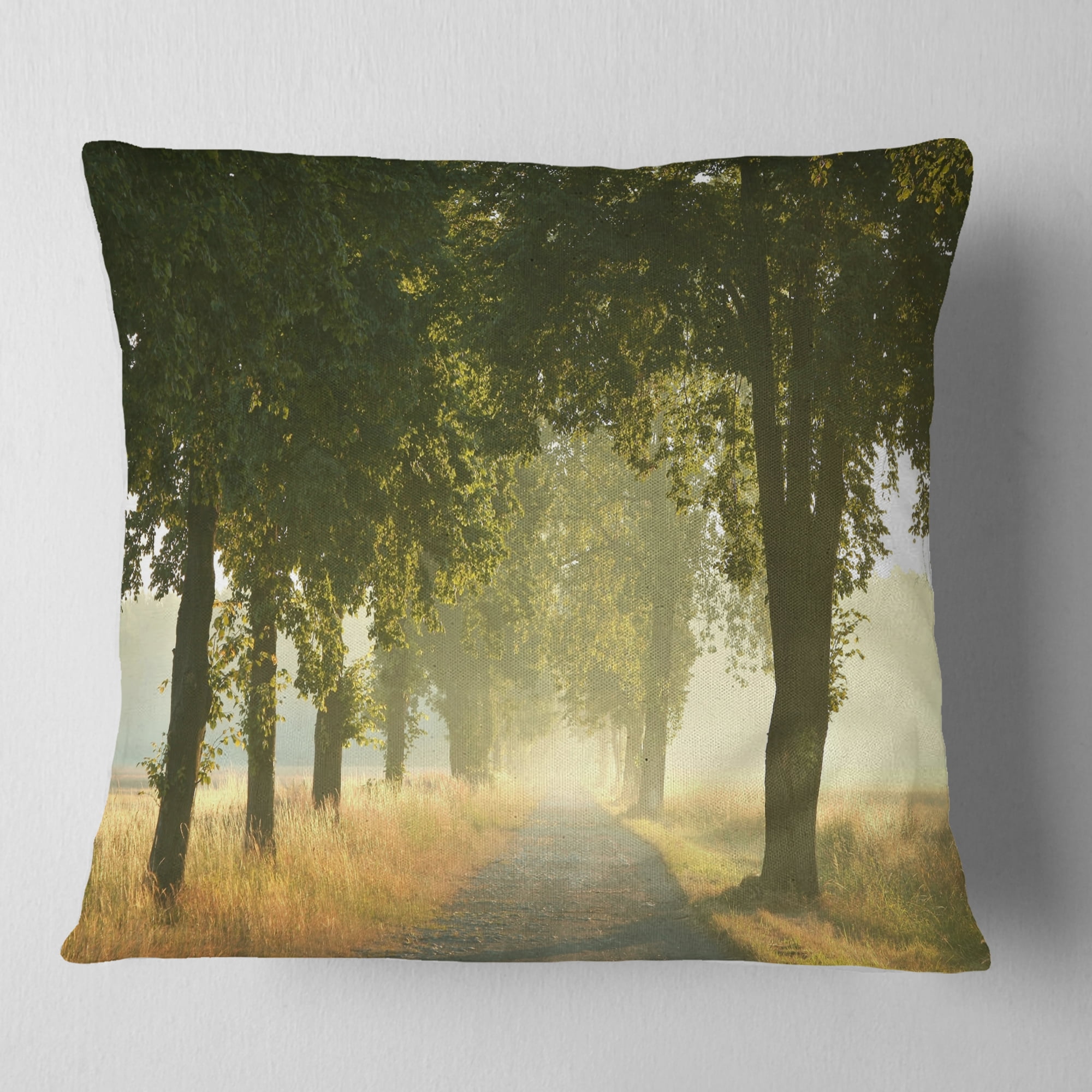 Designart Rural Road Under Big Green Trees - Landscape Photography Throw Pillow - 18x18