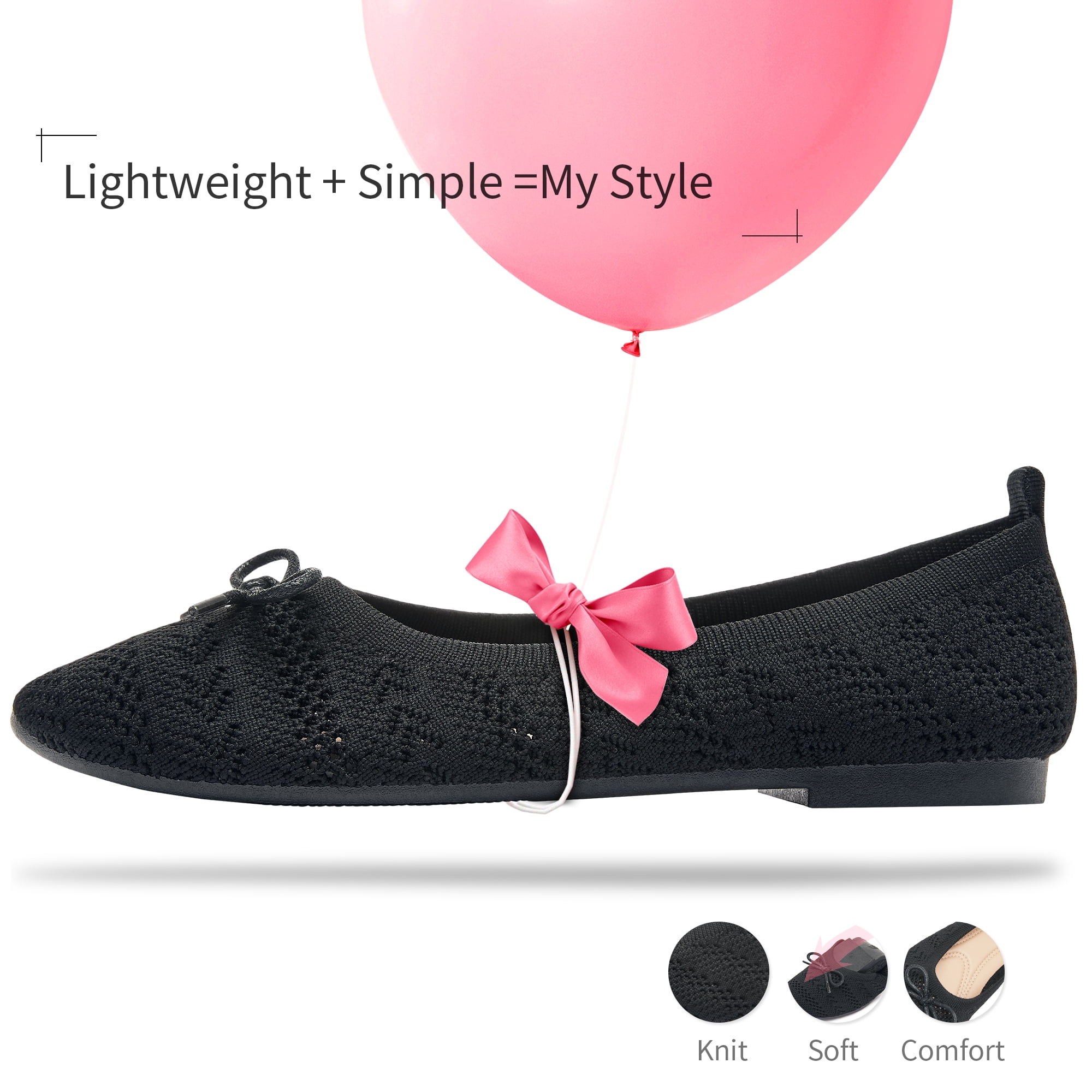 AOMAIS Women’s Ballet Flats Knit Mesh Flats Round Toe Shoes Comfy Slip Ons Casual Dress Flats Waling Loafer (Black,US9)