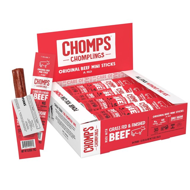 Snack Size Grass-Fed and Finished Original Beef Jerky Snack Sticks 0.5oz 24-Pack - Keto, Paleo, Whole30, 4g Lean Meat Protein, Gluten-Free, Zero Sugar Food, Non-GMO Chomplings