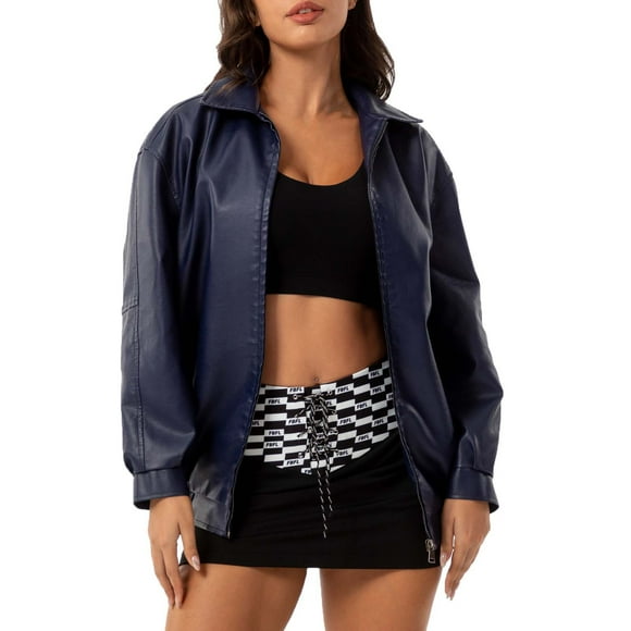 Pisexur Womens Jacket Motorcycle Biker Coats Trench Coats Winter Coats Fashion Women's Solid Color Long Sleeved Turndown Collar Zipper HoodedLess Pocket Leather Jacket