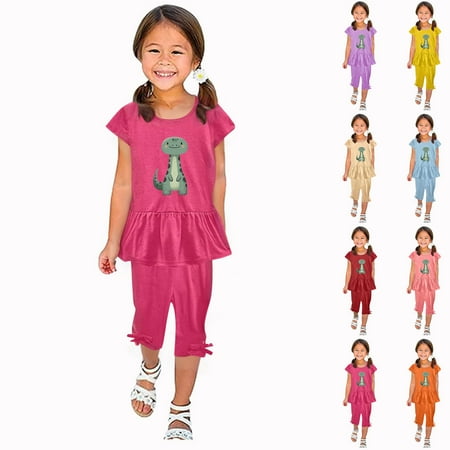 YHAJDS Little Girl 2 Piece Outfit Short Sleeve Ruffle Print Pants