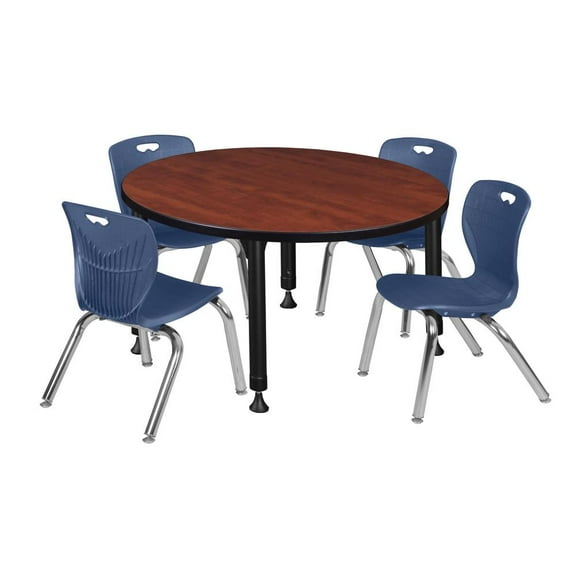Regency Kee 36" Round Height Adjustable Classroom Table - Cherry & 4 Andy 12-in Stack Chairs- Navy Blue