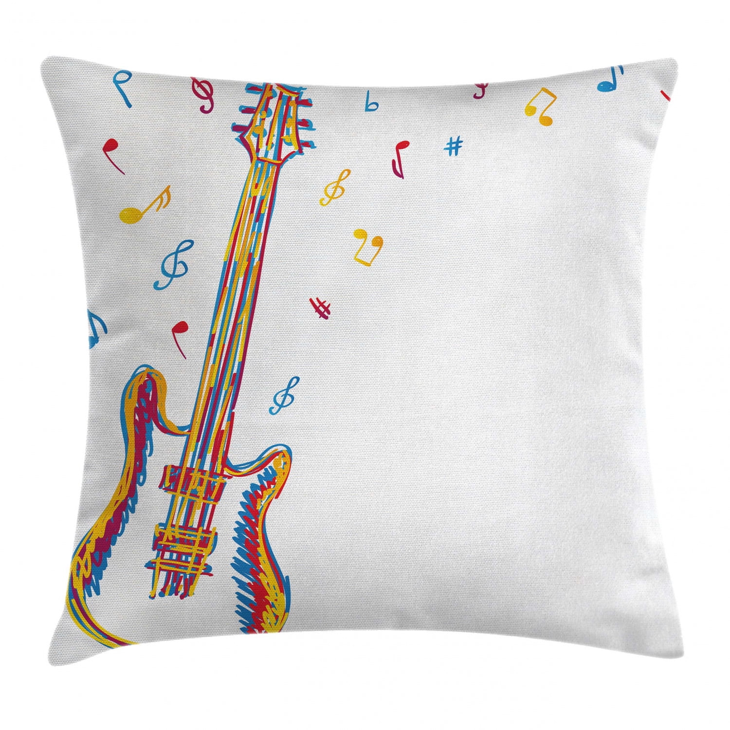 Music Throw Pillow Cushion Cover, Doodle Style Illustration of Guitar
