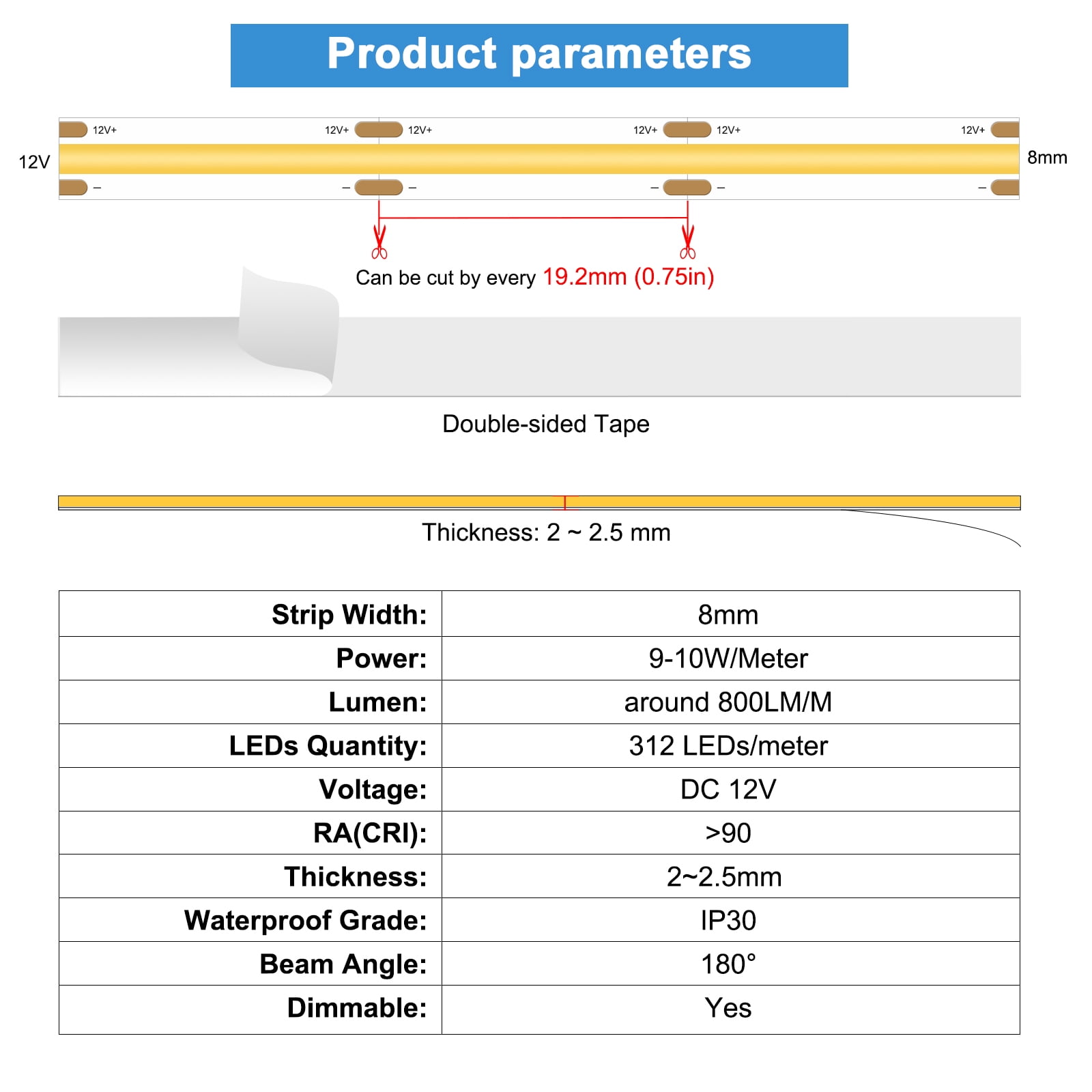 12V COB LED Strip Light 4000K Natural White, 10M Dimmable LED Tape Light for Cabinet & Ceiling, CRI>90, Flexible DIY Strip – No Power Supply Included
