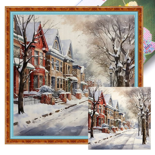 (14CTABB-343__C__ 50x50) Hilo algodón ecológico bordado 14CT 2 hebras impresión 50*50cm escena nieve callejera kit serie paisaje punto cruz