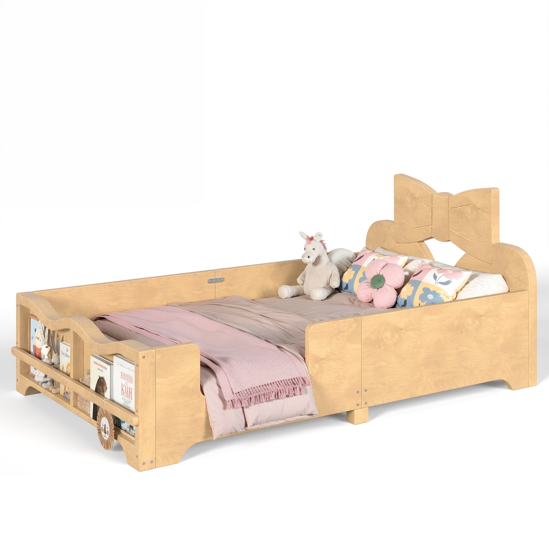 GDF Studio Twin Size Kids Platform Bed with Bowknot Headboard, Guardrails & Bookshelf, Natural