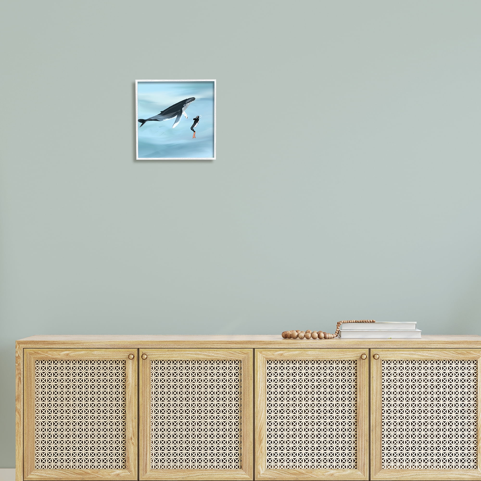 Stupell Underwater Scuba Diver & Whale Friends Landscape Painting White Framed Art Print Wall Art