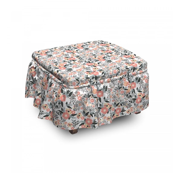 Garden Art Ottoman Cover, Flowering Field, 2 Piece Slipcover Set with Ruffle Skirt for Square Round Cube Footstool Decorative Home Accent, Standard Size, Charcoal Grey Mustard, by Ambesonne