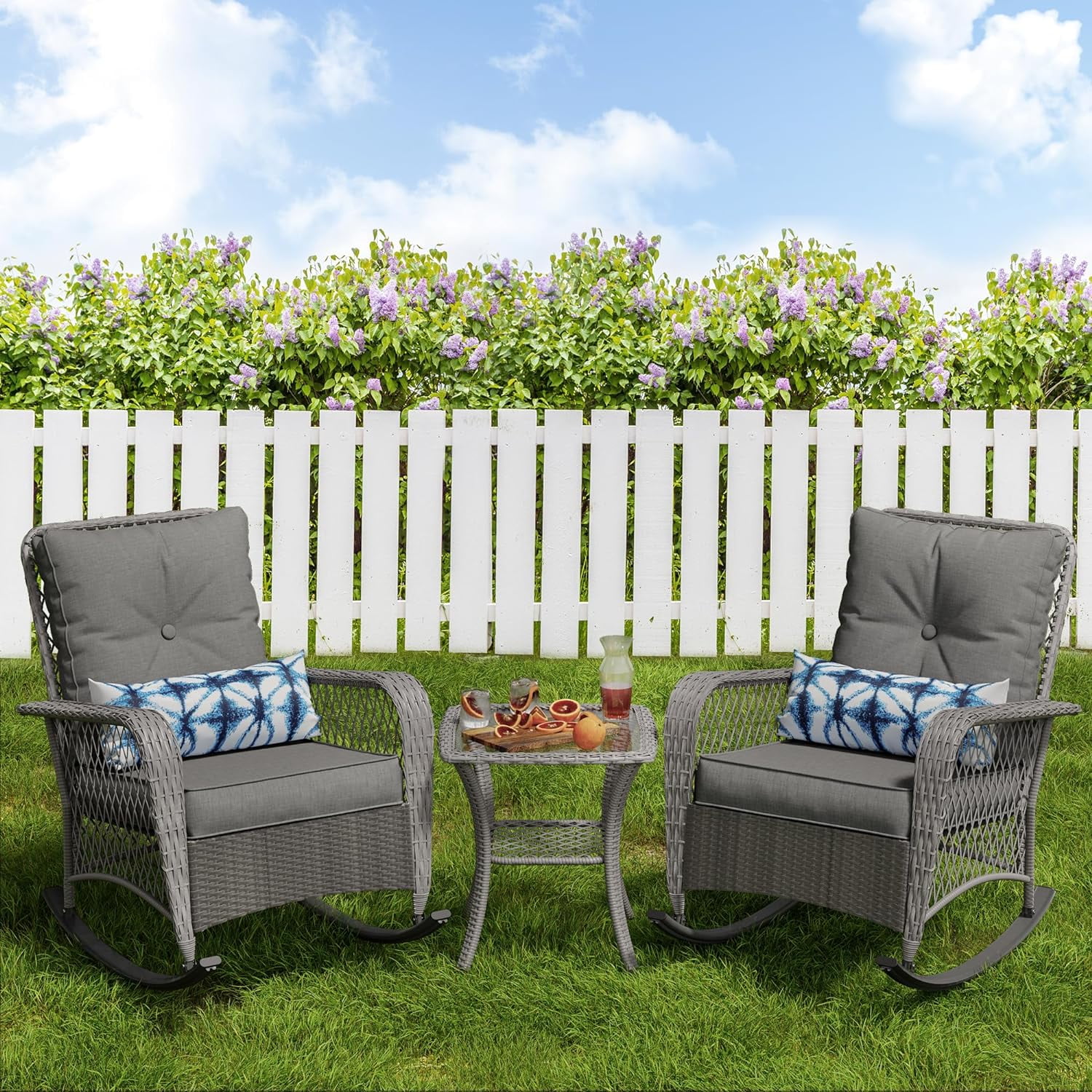 ELPOSUN 3-Piece Outdoor Rocking Chairs, Wicker Patio Furniture with Thickened Cushions and Table for Porch