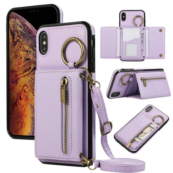 Crossbody Wallet Case for iPhone XR with Lanyard Strap Card Slot Holder RFID Blocking 360° Ring Kickstand,Magnetic Flip Folio Zipper Purse Case, PU Leather Cover Handbag,Purple
