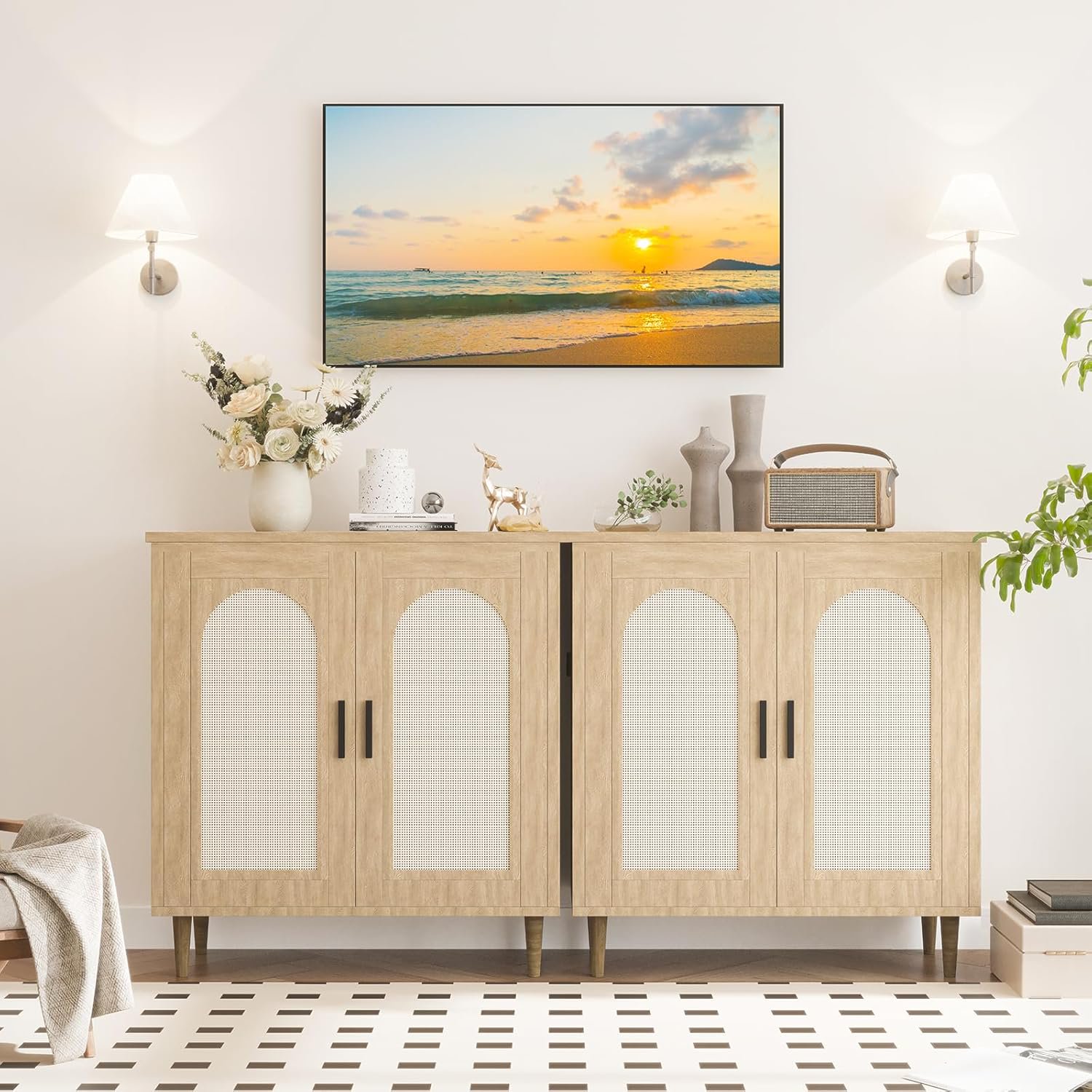 Rugerasy 2PC Rattan Buffet Cabinet with Storage Sideboard Cabinet with 2 Doors and Adjustable Shelves Boho Wood Cupboard for Livingroom Dining Room Natural