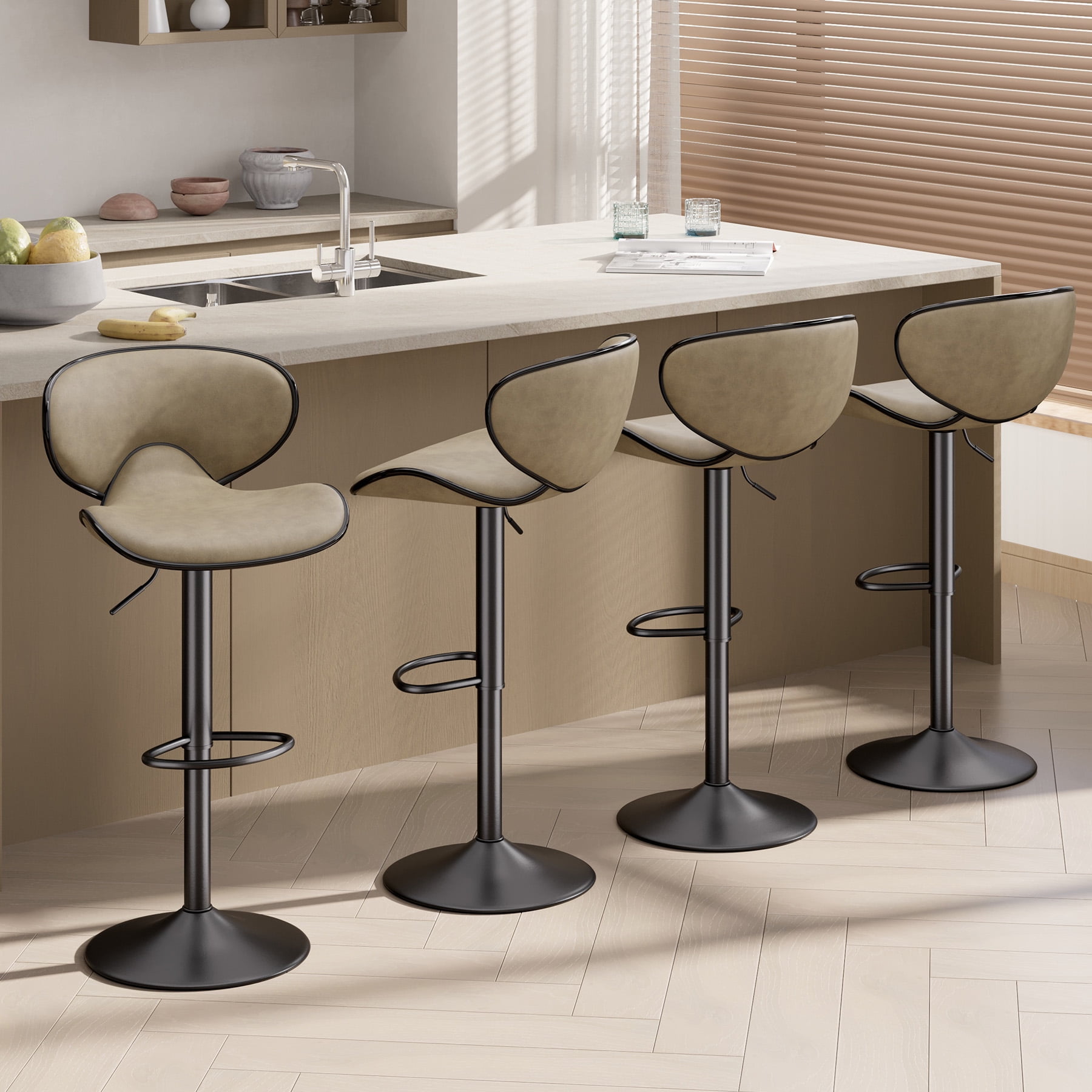 Hawsaiy Adjustable Swivel Bar Stools Set of 2 with Back and Footrest, Faux Leather Counter Height Kitchen Stools, Modern Bar Chairs for Island and Home Bar, Khaki