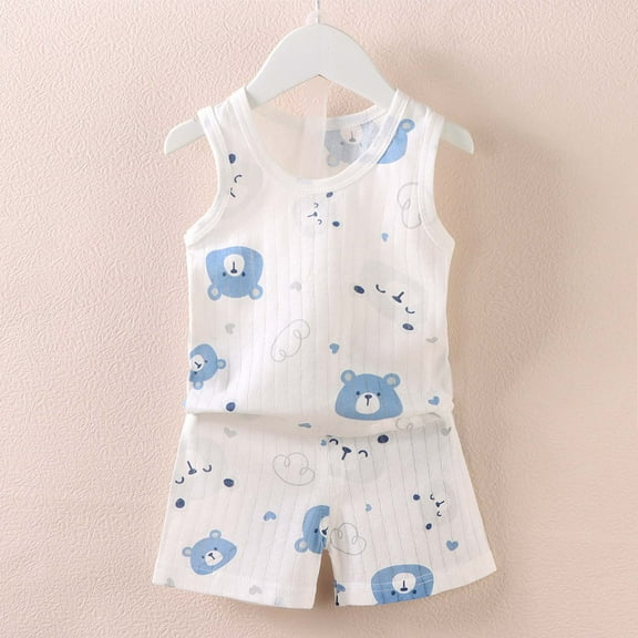 Toddler Baby Summer Outfits Comfy Cute Printed Casual Cotton Sleeveless Round Neck Tank Tops Shorts Boys Girls 2 Pieces Loungwear Set White 36-48months