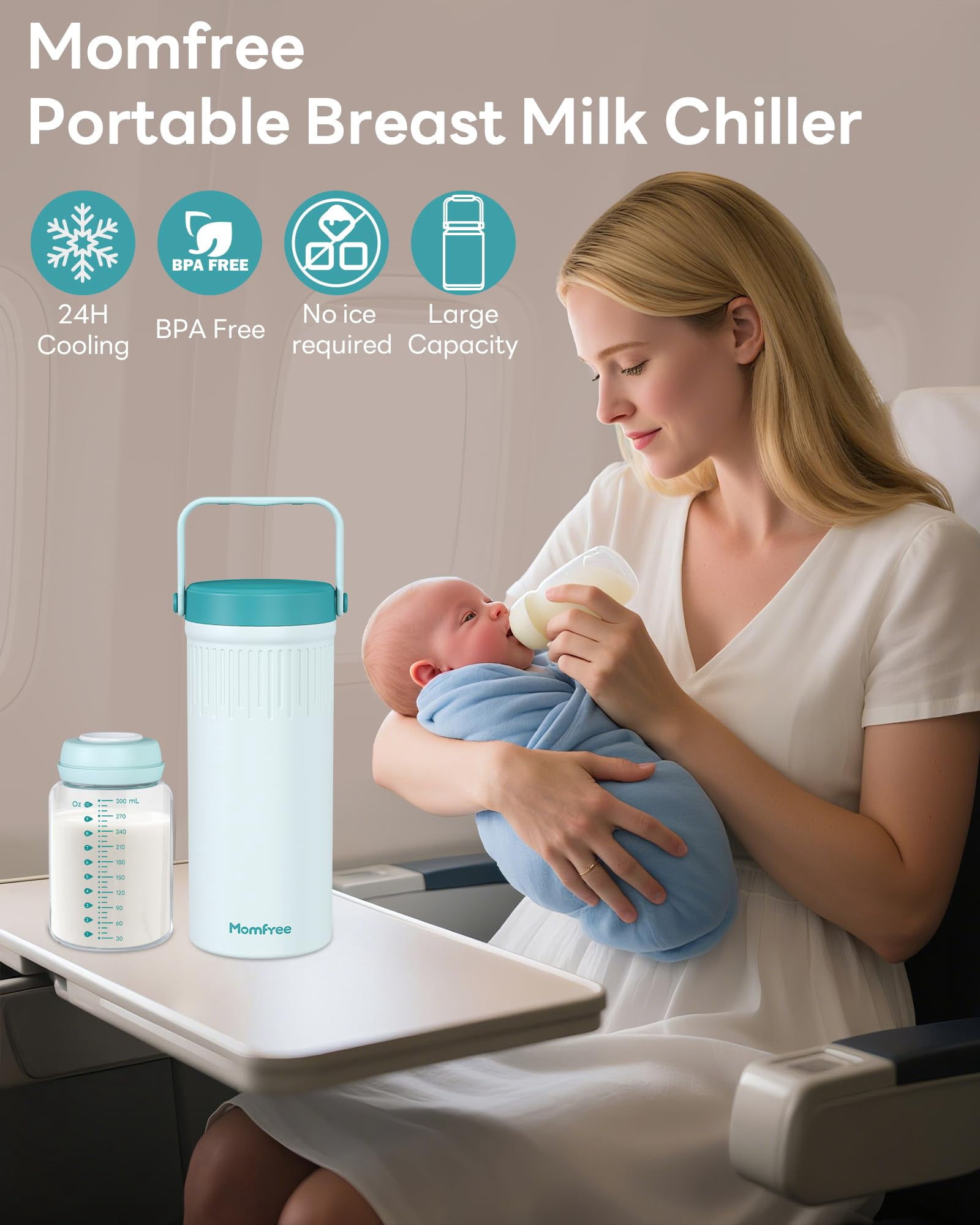 Momfree Portable Breast Milk Cooler, 22oz, 360° 24-Hour Cooling, 304 Stainless Steel, 2 BPA-Free Leak-Proof Bottles, for Travel And Work
