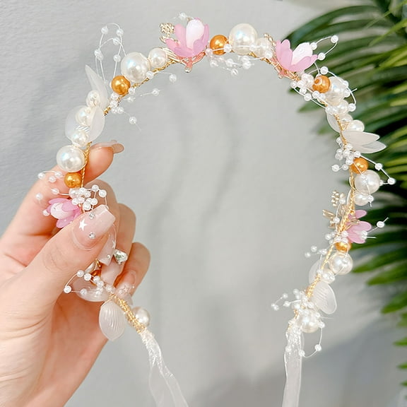Blueek Flower Girl Hair Accessory Princess Headpiece, White Wedding Hair Accessories for Kids, Flower Headband Pearl for Girl and Flower Girls Bridal Wedding Hair Bands