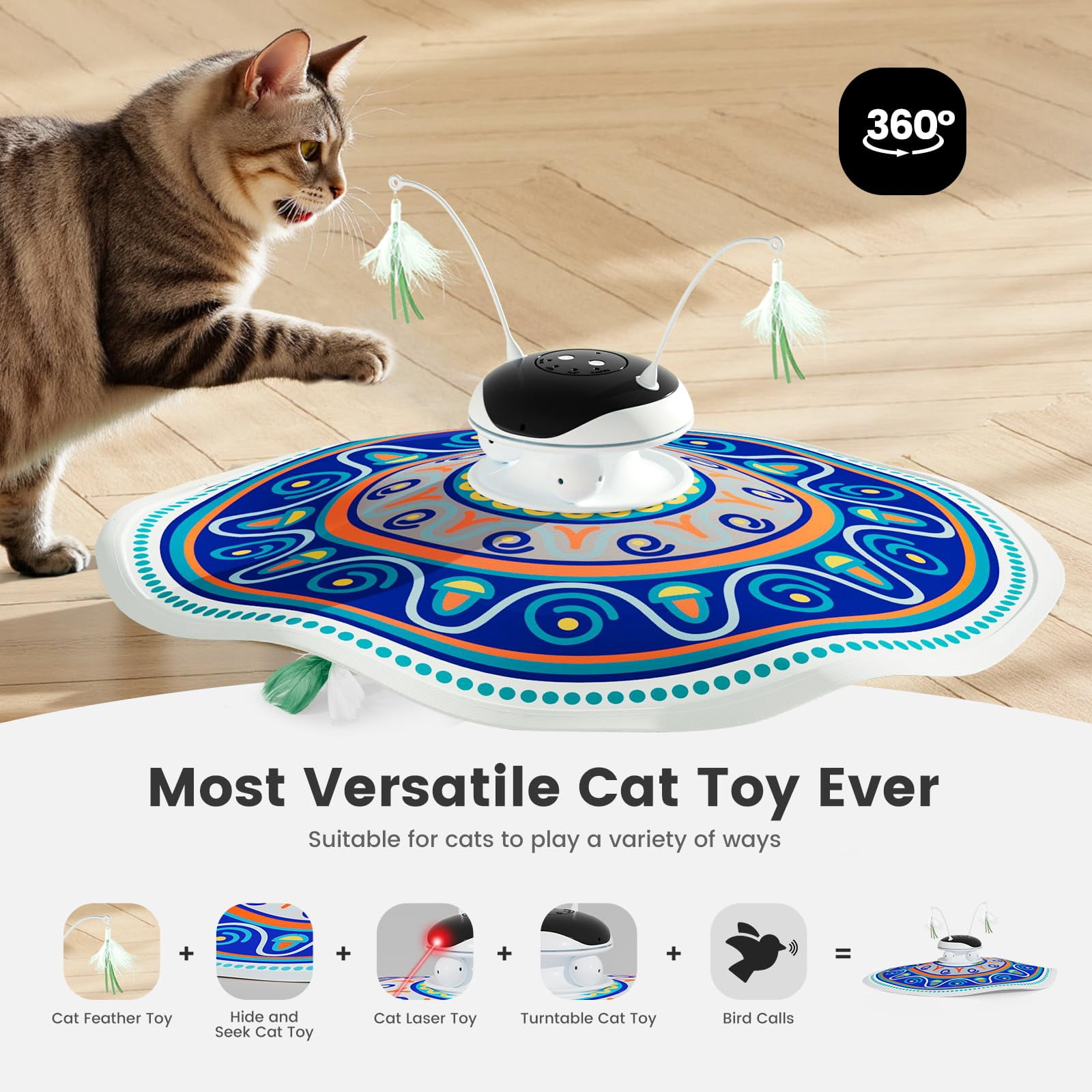 Cat Toys Chargeable 5in1 And Seek Automatic Interactive  Chirping Moving Ambush Track Balls Indoor Exercise Kicker 24 Inch Cover For All Breeds Boho Style - Blue