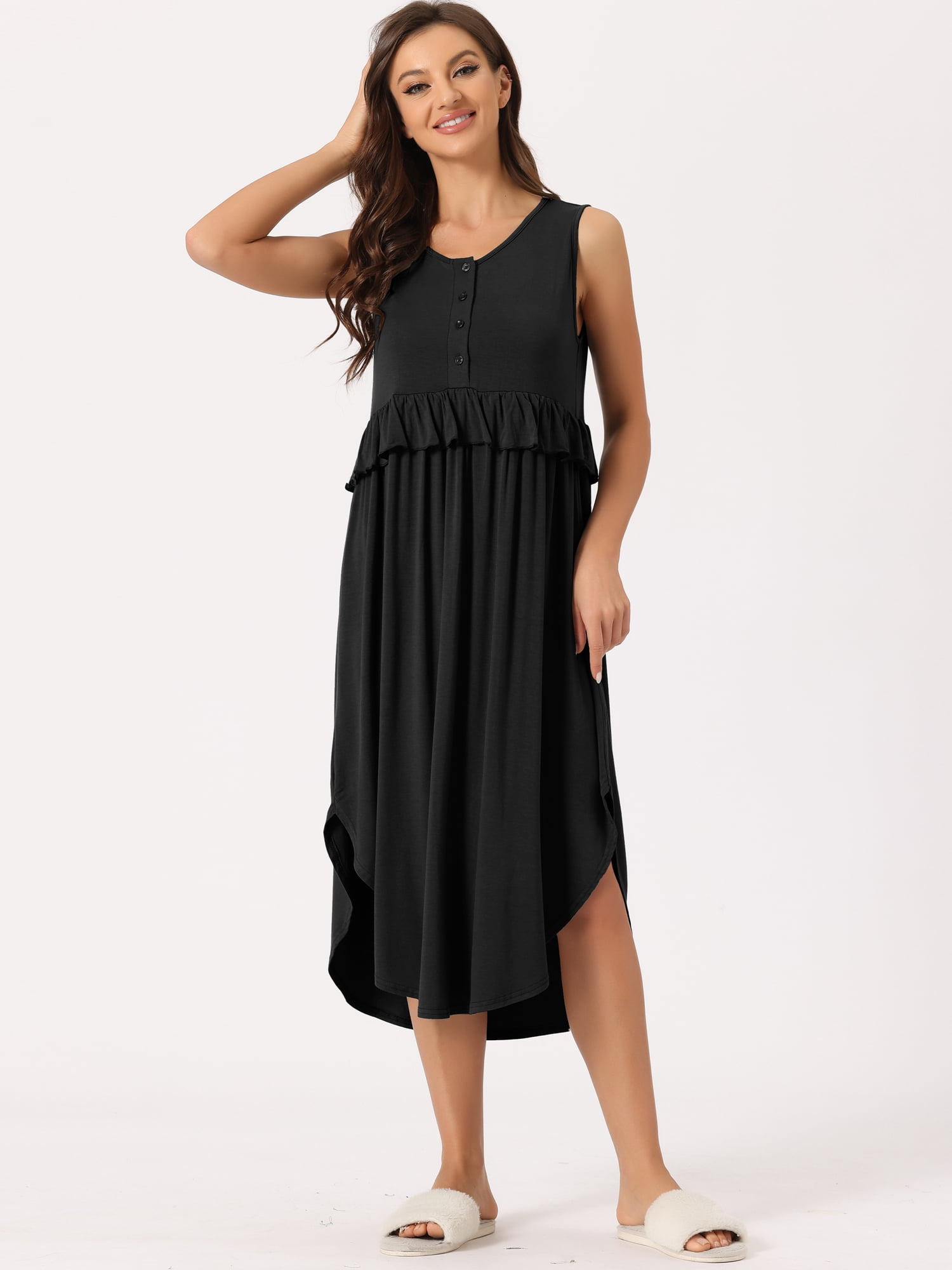 DARING DIVA Women's Ruffle Maternity Sleeveless Pleated Loose Nightgown S Black