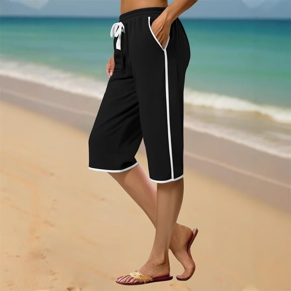 2026 Women'S Summer Fashion Shorts Solid Drawstring Elastic Waist Loose Women's Athletic Shorts Gym Clothes With Pockets Black∣S-2XL