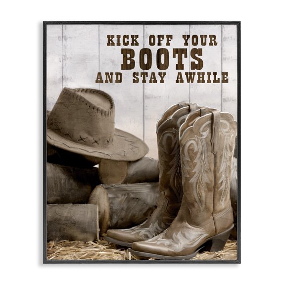 Stupell Industries Rustic Lodge Kick Off Boots Stay Awhile Phrase Black Framed Giclee Art, 16 x 20, by Kim Allen