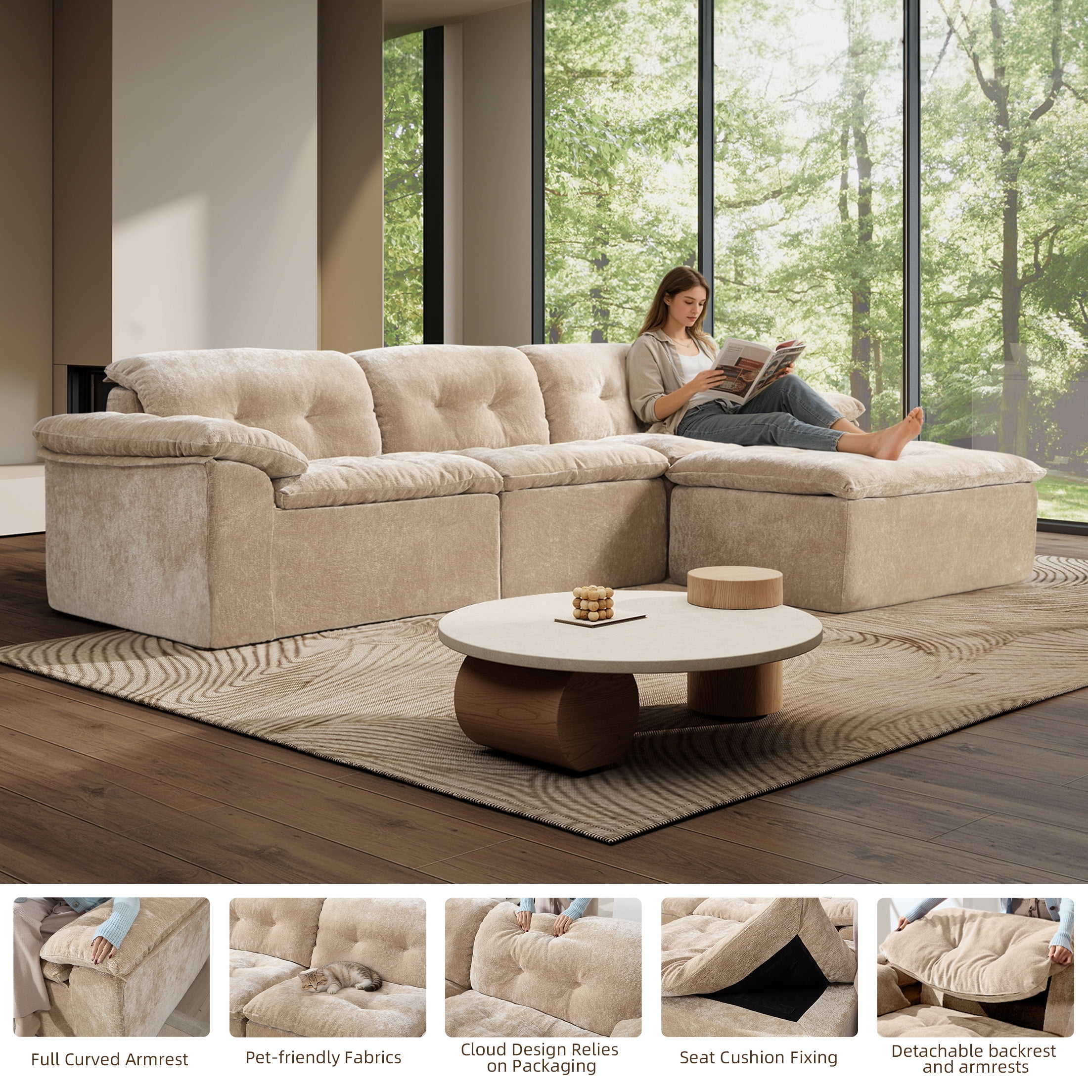 Aukfa 4-Piece L-Shaped Modular Sectional Sofa with Ottoman for Living Room, Ice Flower Chenille, Tam