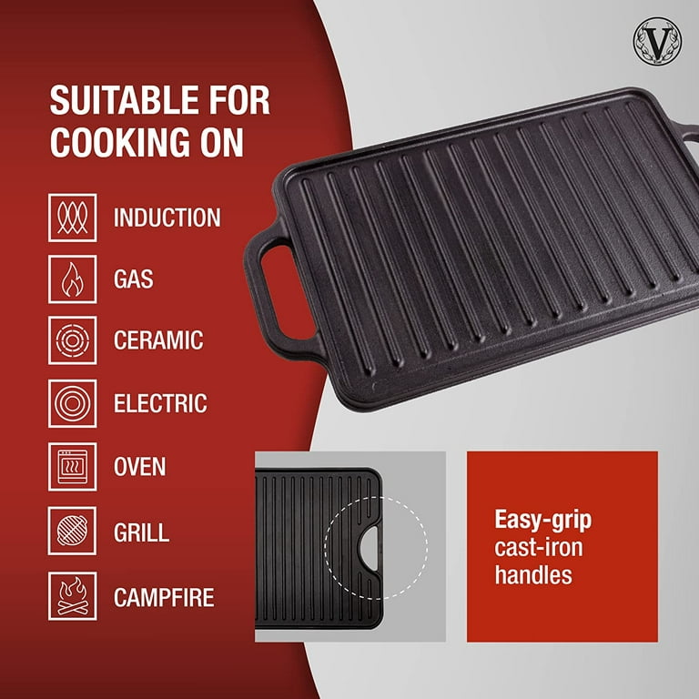 GasSaf Cast Iron Reversible Grill Griddle for Stove Tops and Gas Grills,  Non-Stick Griddle Plate Top Outdoor Cooking, Double Sided Grill Pan with  Handles 15 Inch x9 Inch 