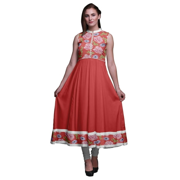 Bimba Dark Peach3 Floral Printed Women Designer Mandarin Collar Anarkali Dress Indian Ethnic Kurta Small