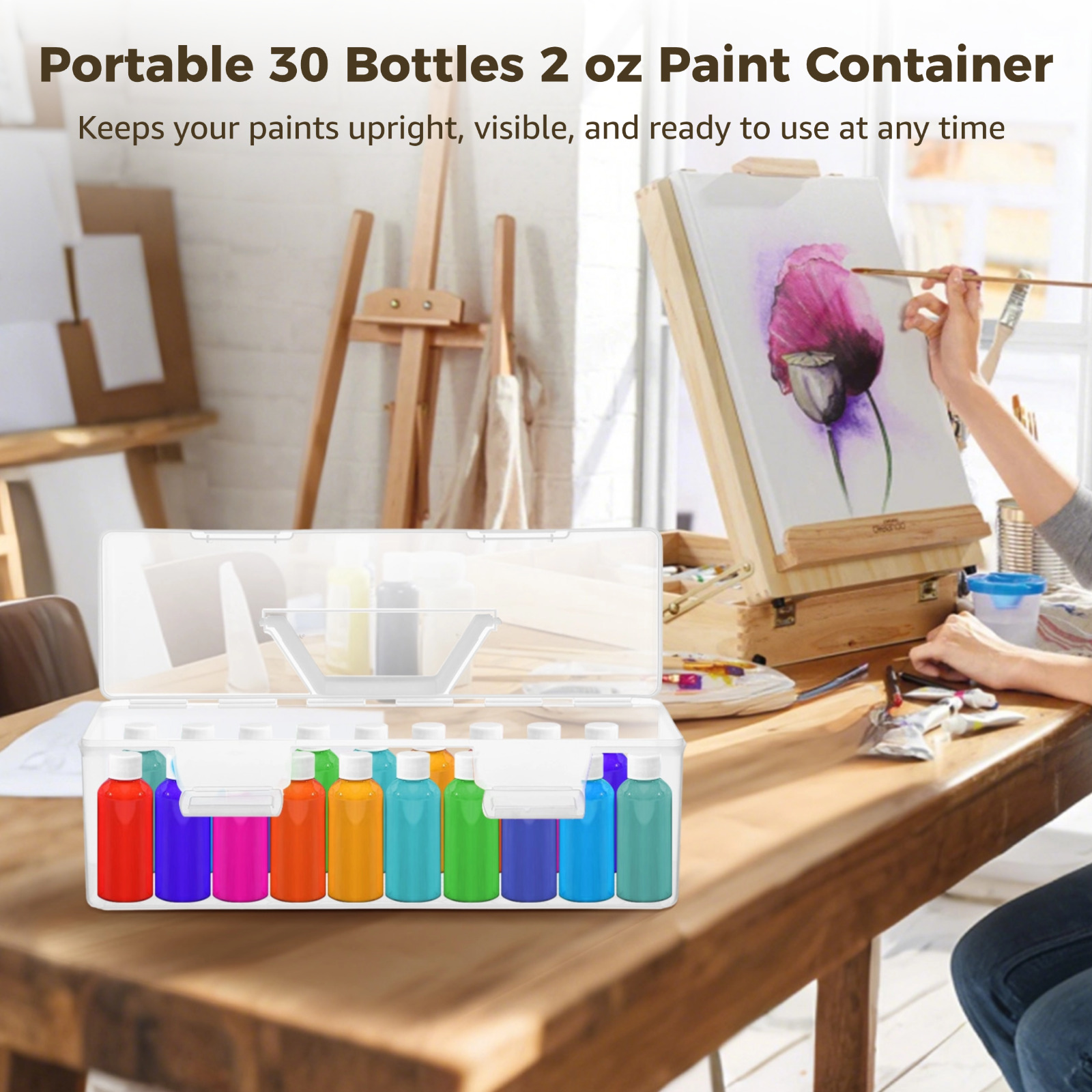 3 PCS Acrylic Paint Storage Boxes, 30 Bottles Capacity Clear Plastic Organizer Case for 2 oz Paint, Portable Art Supply Plastic Container with Handle for Craft Tools, 14 x 4 x 5 in