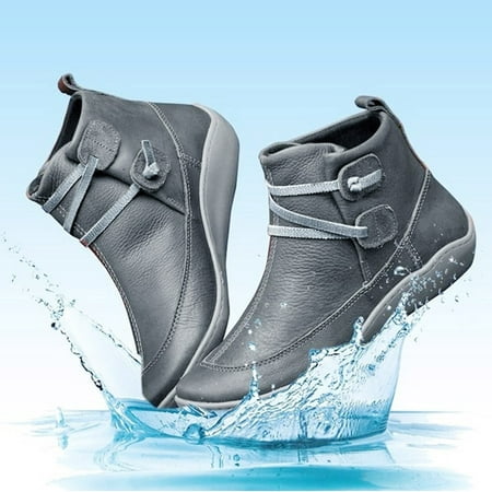 

Women s Vintage Leather Boots Flat Waterproof Shoes Winter Round Toe Ankle Boots