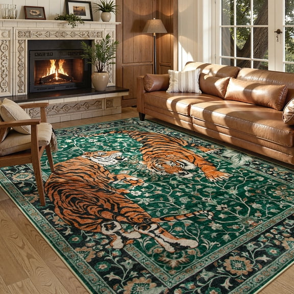 Moynesa Tiger 5x7 Area Rug, Boho Washable Living Room Rug, Non Slip Green Rugs for Bedroom, Ultra Thin Vintage Soft Stain Resistant Throw Floor Carpet for Office Dining Room