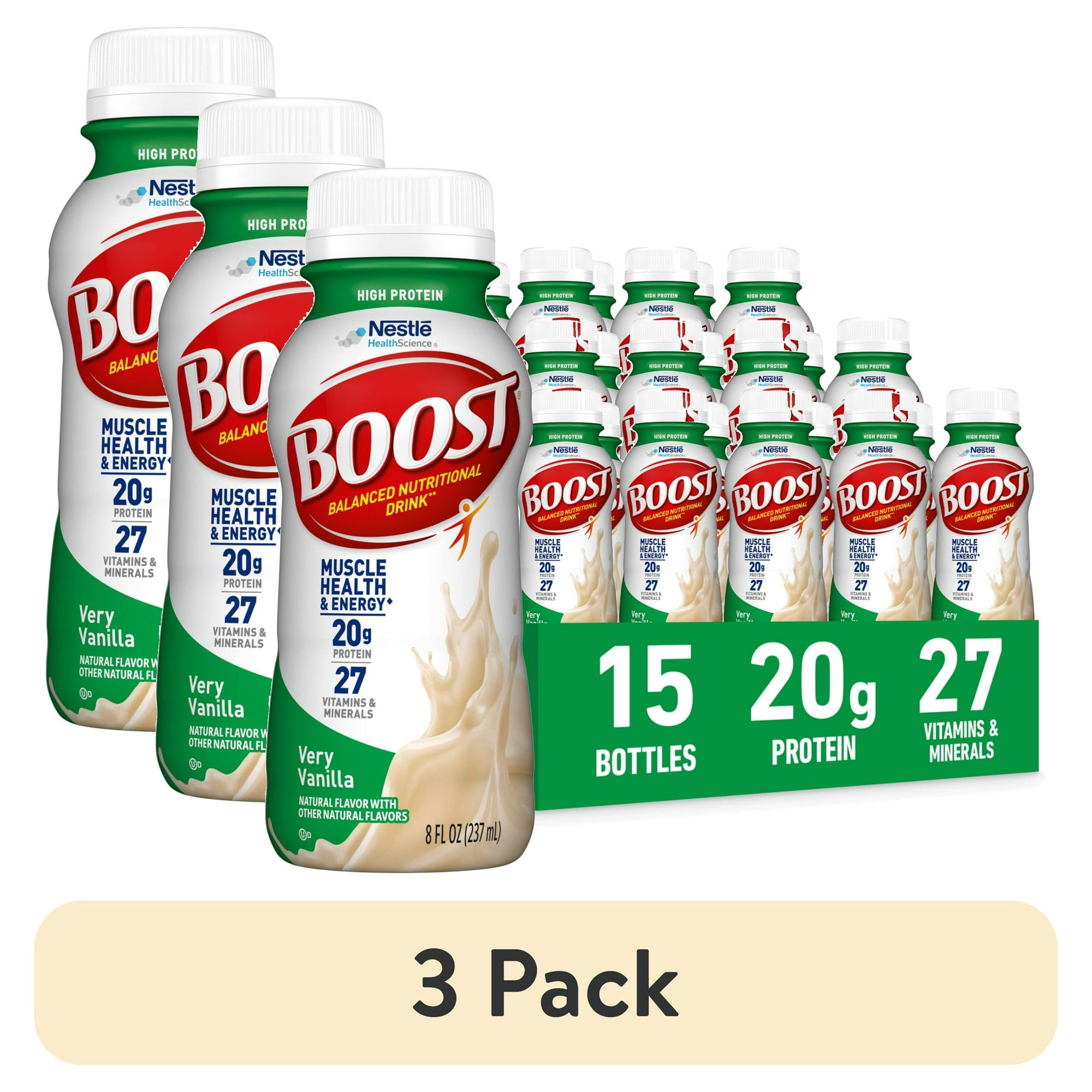 (3 pack) BOOST 20g High Protein Nutritional Drink Shakes, Very Vanilla, 8 fl oz, 15 Pack