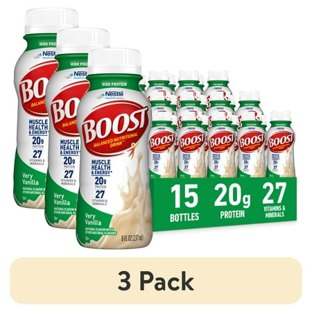 (3 pack) BOOST 20g High Protein Nutritional Drink Shakes, Very Vanilla, 8 fl oz, 15 Pack